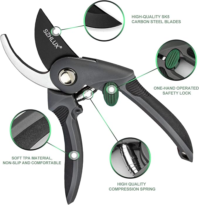 SZHLUX Pruning Shears, Premium SK5 Carbon Steel Blades Hand Pruner for Garden, Sharp Precision Pruning Scissors, 5/8’’ Plant Clippers， Tree Trimmers