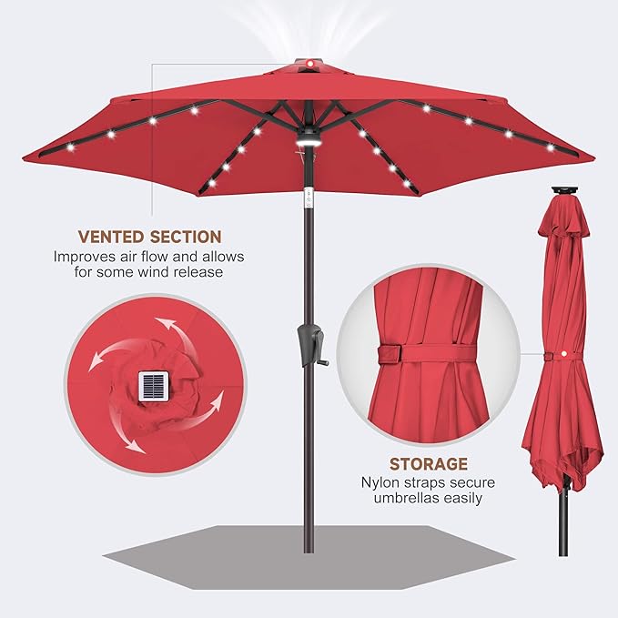 Jarka&Co 7.5ft Solar Patio Umbrella - Lighted Solar Outdoor Umbrella with 24 LED Lights Waterprool UV Protection, Market Table Umbrella with Tilt for Backyard, Garden, Pool, Porch (Red)