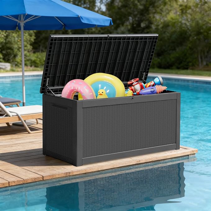 FEFLO 260 Gallon Waterproof Resin Deck Box, Heavy-Duty Outdoor Storage Box | Lockable Lid & UV-Resistant Patio Storage Chest for Garden Tools, Pool Accessories, Package Delivery, Toys, Furniture