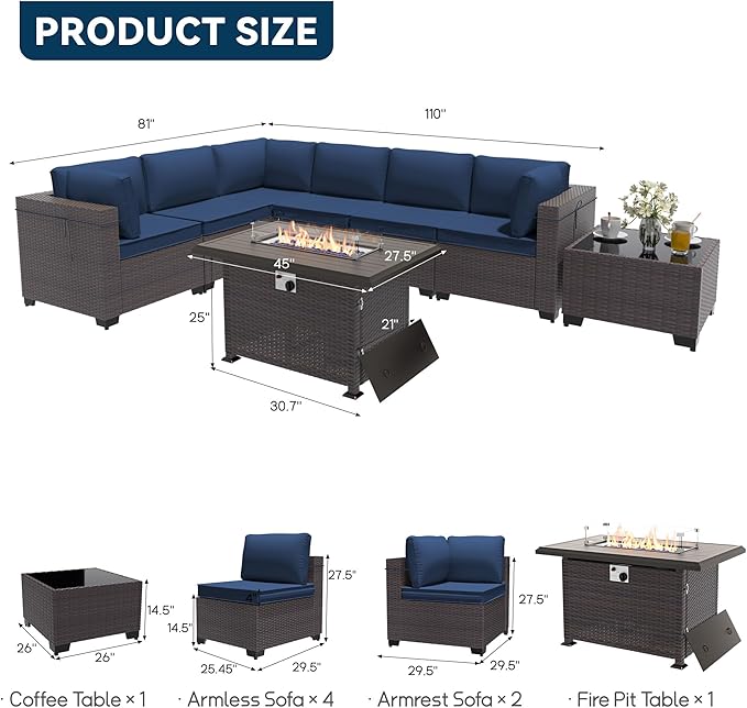 Patio Furniture Set with Fire Pit Table 8 Pieces Outdoor Sectional Sofa Set,PE Rattan Wicker Patio Conversation Set w/43in 55000 BTU Propane Fire Pit Table,NavyBlue