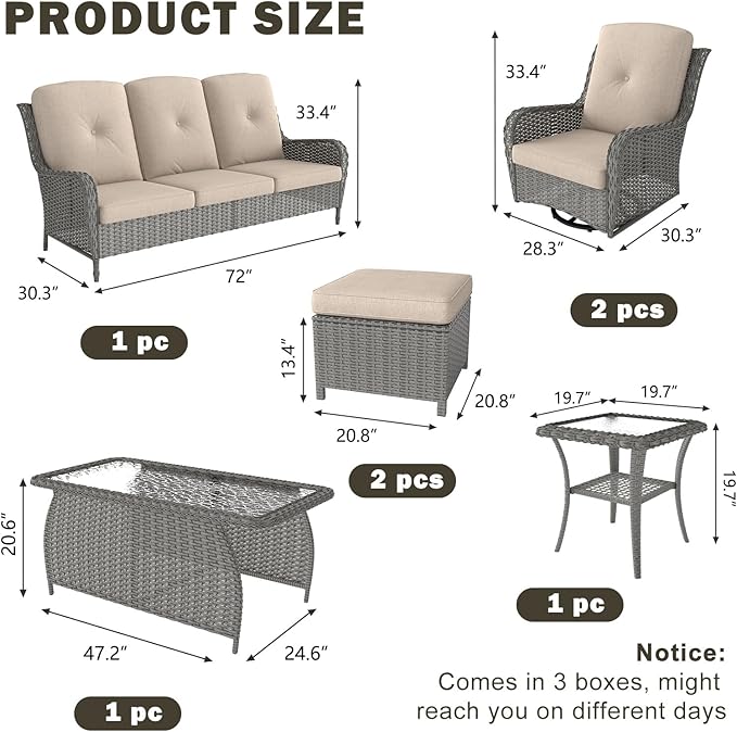 Kinsuite 7 PCS Patio Furniture Set, Outdoor Conversation Sets with Swivel Chairs & Ottomans, All-Weather Gray Wicker Sectional Sofa with Thicken Cushions for Garden, Lawn, Deck, Backyard, Khaki