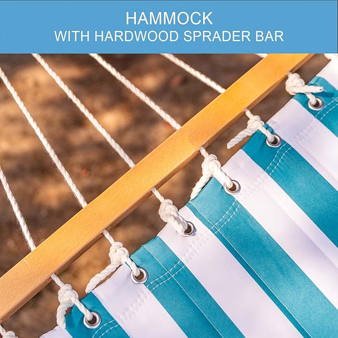 Lazy Daze Hammocks 12FT Quilted Fabric Double Hammock with Spreader Bars and Detachable Pillow, 2 Person Hammock for Outdoor Patio Backyard Poolside, 450 LBS Weight Capacity, Sailor Stripe