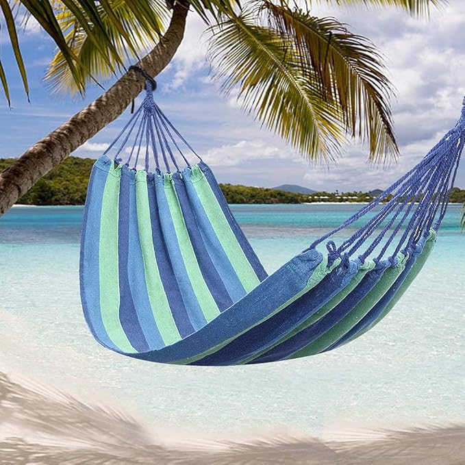 Camping Hammock,Portable Garden Hammock,Extra Long and Wide Brazilian Hammock Canvas Cotton Hammock with Carrying Bag for Patio Yard & Backyard &Porch & Outdoor/Indoor (Blue & Green Strip)