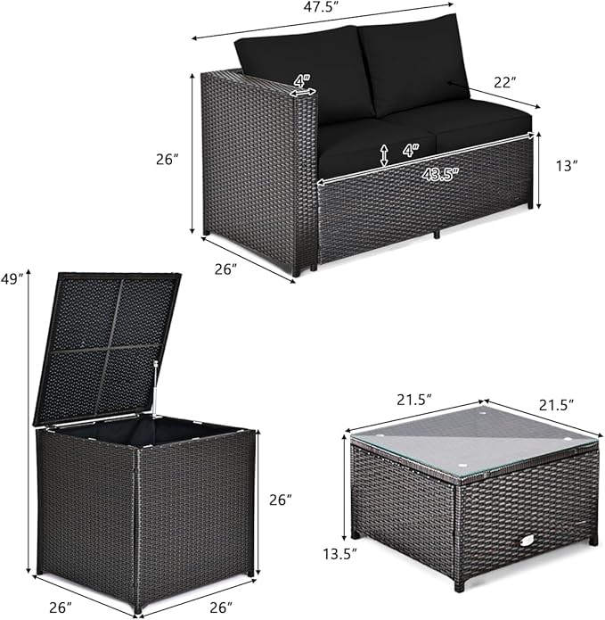HAPPYGRILL 4 Pieces PE Rattan Wicker Conversation Set Outdoor Patio Furniture Sofa Set with Storage Box and Tempered Glass Coffee Table for Backyard Garden Porch