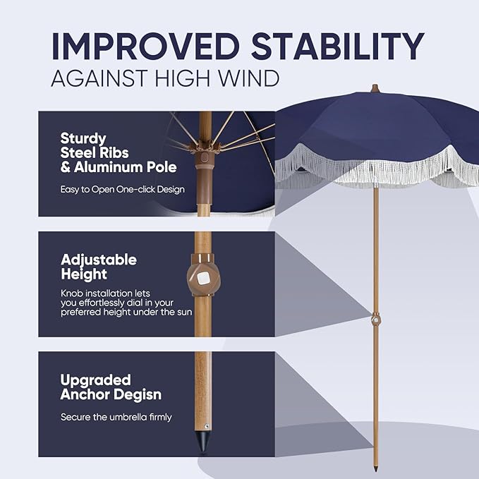 Tempera Heavy Duty High Wind Beach Umbrella with Sand Anchor & Carry Bag | Patio Outdoor Umbrella with Aluminum Frame and Push Button Tilt, Ideal for Travel Garden Lawn, UPF 60+
