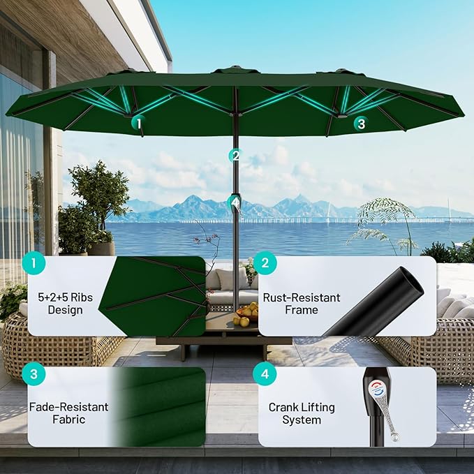 AreShark 15ft Patio Umbrella with Base, Double Sided Outdoor Umbrella with 12 Fiberglass Ribs, Large Outdoor Umbrella for Garden, Pool, Deck, Backyard & Market, Dark Green
