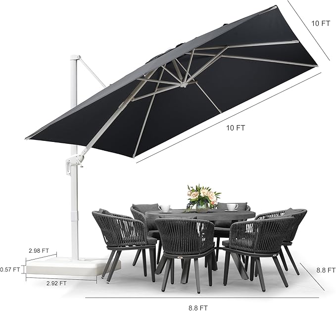 PURPLE LEAF 10 FT Patio Umbrella With Base White Cantilever Umbrella Square Outdoor Offset Umbrella Windproof with 360° Rotation for Garden Deck Pool, Light Grey