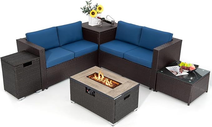Tangkula 6 Pieces Patio Wicker Furniture Set with 32 Inches Propane Fire Pit Table and Tank Holder, Outdoor Conversation Set with Storage Box and Coffee Table, 2 Waterproof Covers Included (Navy)
