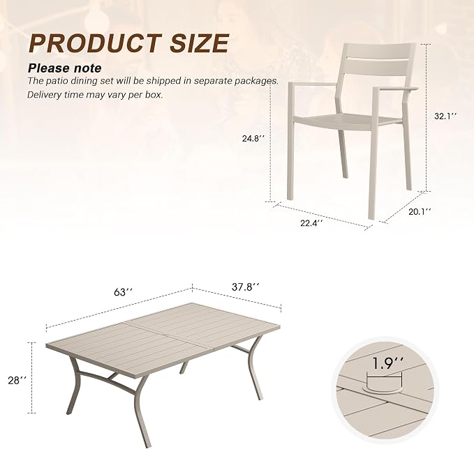 VICLLAX Patio 7 Pieces Outdoor Dining Set for 6, 63" Outdoor Rectangular Metal Dining Table with Umbrella Hole, 6 Stackable Chairs for Lawn, Garden, Porch, Sandshell