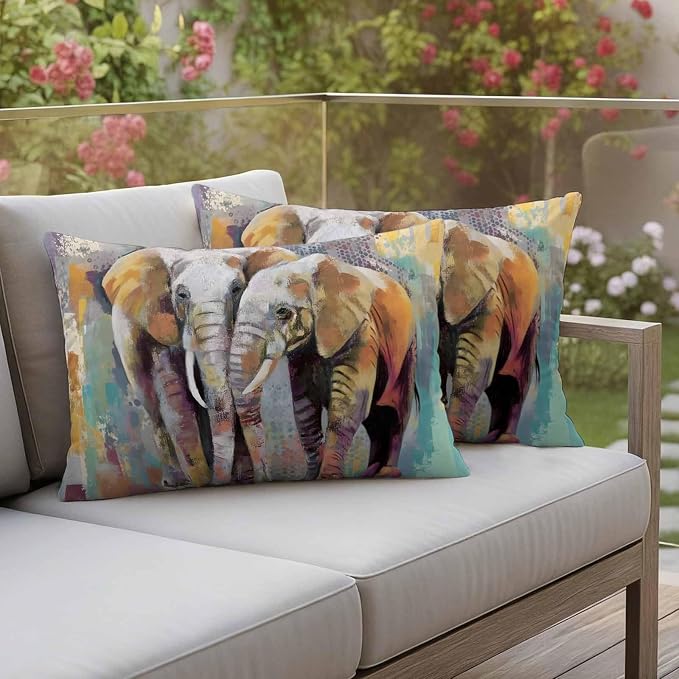 Elephants Outdoor Pillow Covers 20"x12" Set of 2, Animal Abstract Splatters Bohemian Waterproof Throw Pillow Covers for Patio Furniture, Decorative Cushion Covers for Porch