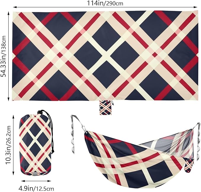 Red Black and White Plaid Pattern 330lb Capacity Hammocks for Camping with Tree Straps Indoor Hammock for Outside Patio Backyard Poolside hamaca inflable para Piscina