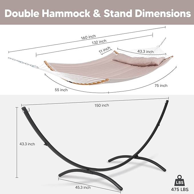 SUNCREAT Portable Double Hammock with Stand, Outdoor Standing 2 Person Hammock Combo, Patent Pending, Tan