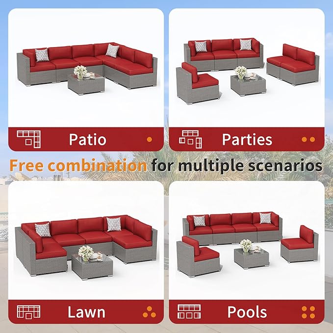 Oakcloud 7-Piece Outdoor Patio Furniture Sofa Set Grey Rattan Wicker Sectional Conversation Sets with Glass Top Table and Cushions(Red)