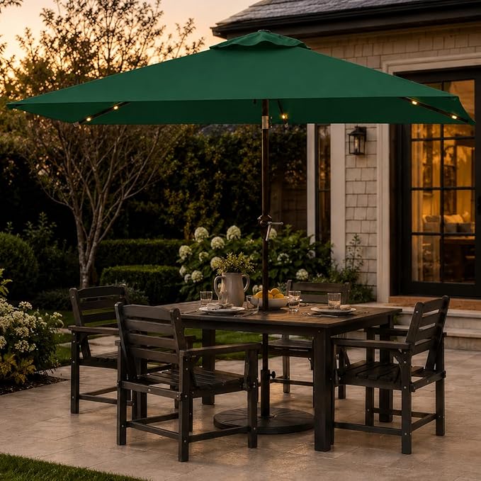 6.5 x 10ft Rectangular Patio Umbrella with Solar Lights, 16 LED Lighted Market Umbrella with Push-Button Tilt and Crank, 6 Sturdy Iron Ribs for Garden, Deck, Pool, Forest Green