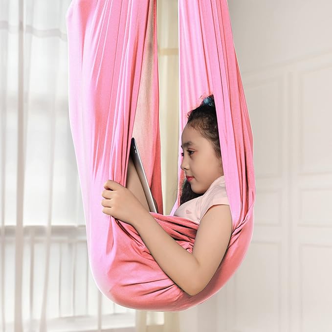 Yoga Swing for Kids Hammock Children Hangin Indoor Outdoor Autism Aspergers,ADHD Kids Hangin Therapy Swing 110inch x 59inch (Hardware Included) Pink