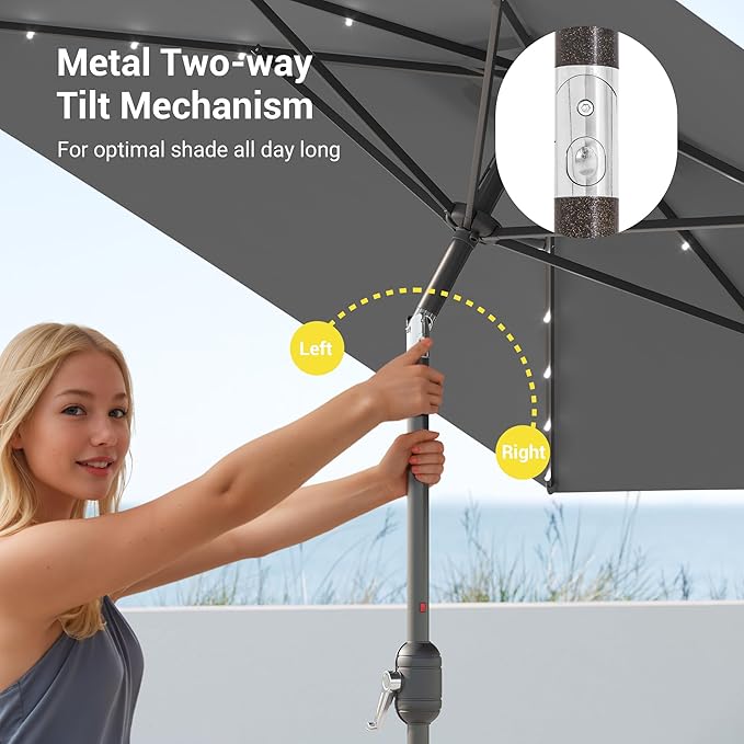 Rectangle Patio Umbrella with Solar Lights, 10 x 6.5ft Rectangular Outdoor Umbrella Table Market Patio Umbrella with Push Button Tilt and Crank for Garden, Deck, Backyard, Pool