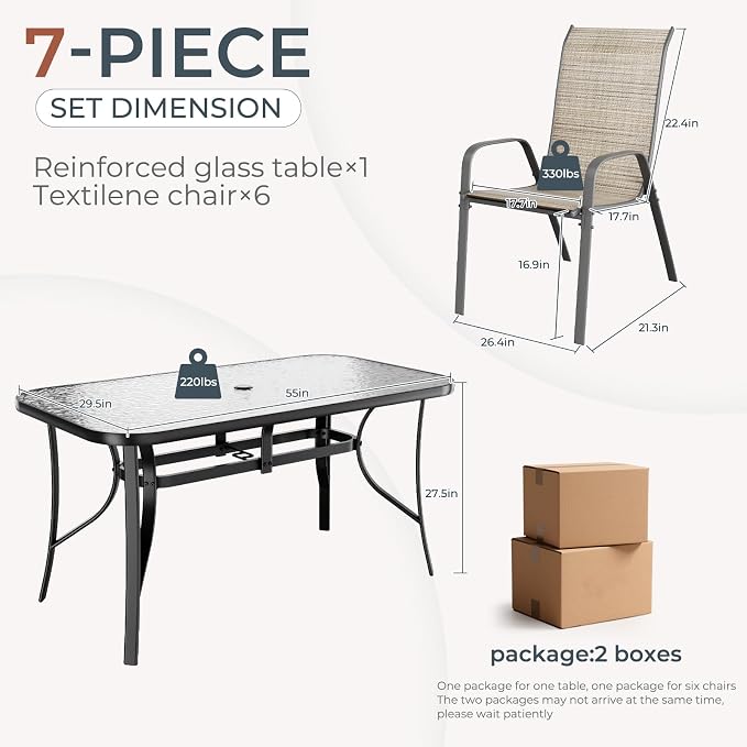 TLSUNNY Patio Dining Set for 6, Outdoor Table and Chairs W/1.69″ Umbrella Hole, 30"X 55" Table and Stackable Textilene Chair, All Weather Patio Furniture Set (Black Table & Brown Chair)