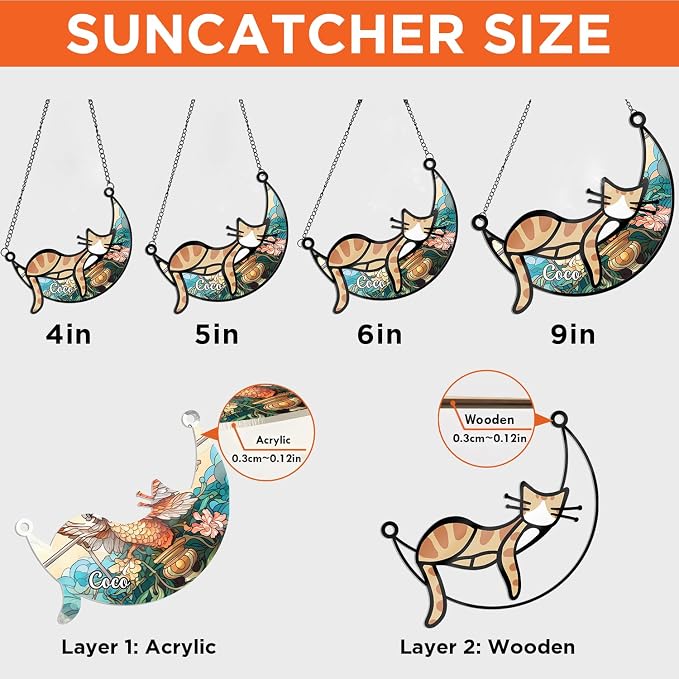 Custom Cat Memorial Suncatcher for Windows Ornament, Pet Sympathy Gift to Memorialize The Loss, Cat Sleep Sun Catchers with Personalized Decorations in Loving Memory for Loss Pet