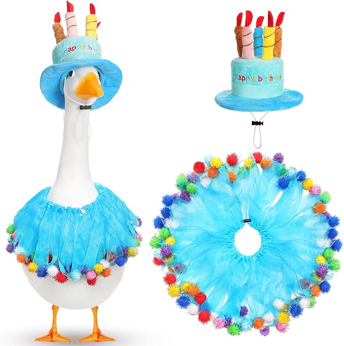 Aliceset Happy Birthday Porch Goose Outfit Lawn Goose Clothes Hat and Tutu Collar Goose Outfits for 23" Cement/Plastic Porch Goose Outdoor Statue Patio Yard Lawn Art(Blue)