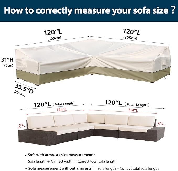 Patio Outdoor Sectional Cover Outdoor Patio Furniture Covers Waterproof Rip-Stop Anti-UV 600D Heavy Duty Outdoor Couch with 3 Air Vent Sofa Cover (V-Shaped-120''X120''),Light Green
