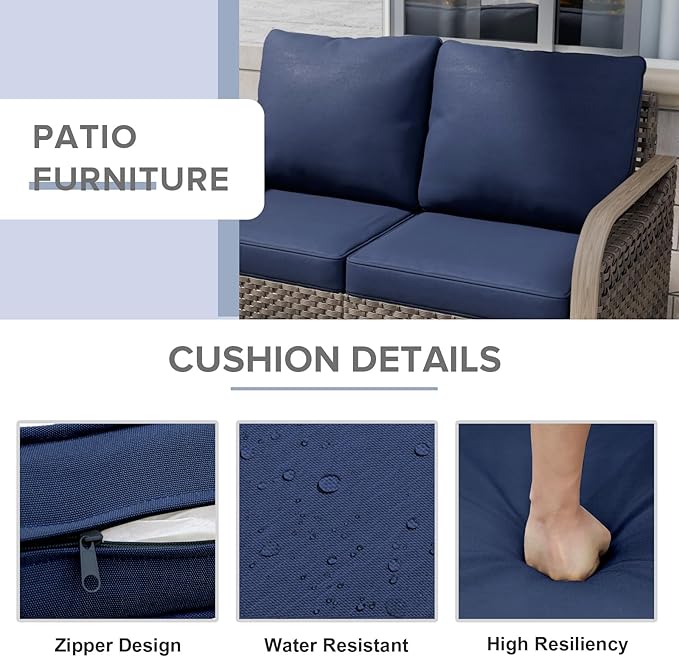 COOS BAY Modern Wicker Outdoor Furniture Set, 5 Piece Patio Conversation Set with 2 Swivel Rockers, a Loveseat, Coffee Table and Side Table, 5 Piece, Brown/Blue