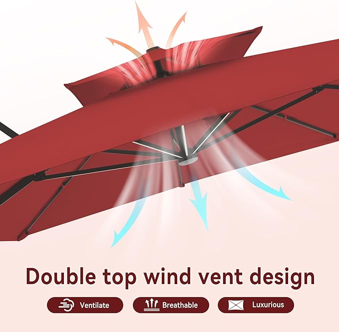 10 X 13 FT Cantilever Outdoor Patio Umbrella with LED Lights Large Heavy Duty 360° Rotation Double Top Offset Rectangular Umbrellas for Backyard Garden Pool Outside Deck, Red