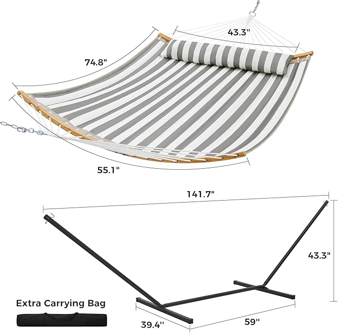 SUPERJARE Curved-Bar Hammock with Stand, 2 Person Heavy Duty Hammock Frame, Detachable Pillow & Portable Carrying Bag, Perfect for Outdoor & Indoor, Black and White Stripe