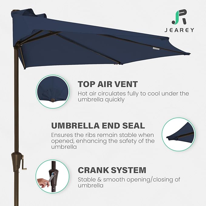 JEAREY 9ft Half Umbrella Outdoor Patio Umbrella Market Umbrella with Crank, 1/2 Round Wall Umbrella 5 Sturdy Ribs UV Protection for Pool Garden Balcony Deck, Dark Blue