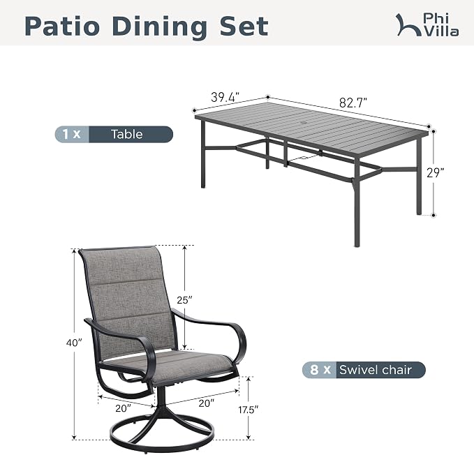 PHI VILLA 9 Piece Outdoor Dining Set W/Swivel Chairs, Grayish Brown | High back padded chairs，All weather reistant, Rectangular metal table, 8 person, Umbrella hole, Patio deck backyard