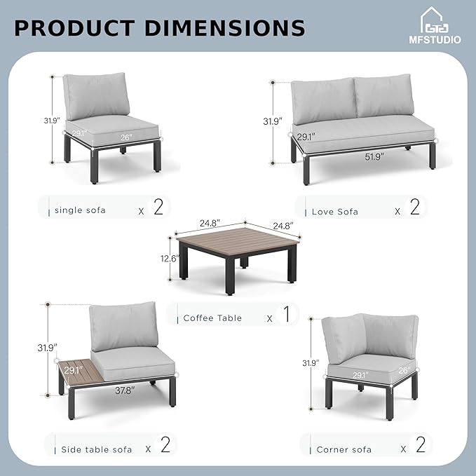 MFSTUDIO 9 Pieces Patio Furniture Set, Metal Outdoor Sectional Sofa Modular Outdoor Couch, Modern Patio Conversation Set with Coffee Table for Backyard, Garden