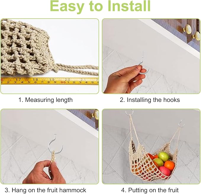 2Pcs Macrame Fruit Hammock, Cotton Fruit Holder Net, Under Cabinet Veggie Storage Space Saving Kitchen Decor with Hooks