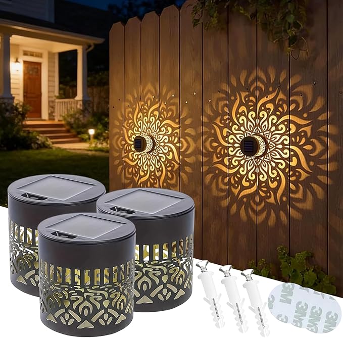 DDRIC Decorative Solar Mandala Lights, Metal Solar Powered Outdoor Wall Sconces, Waterproof Step Lights, Warm Yellow Glow, for Garden Fence Patio Deck Yard Decor (3PCS)
