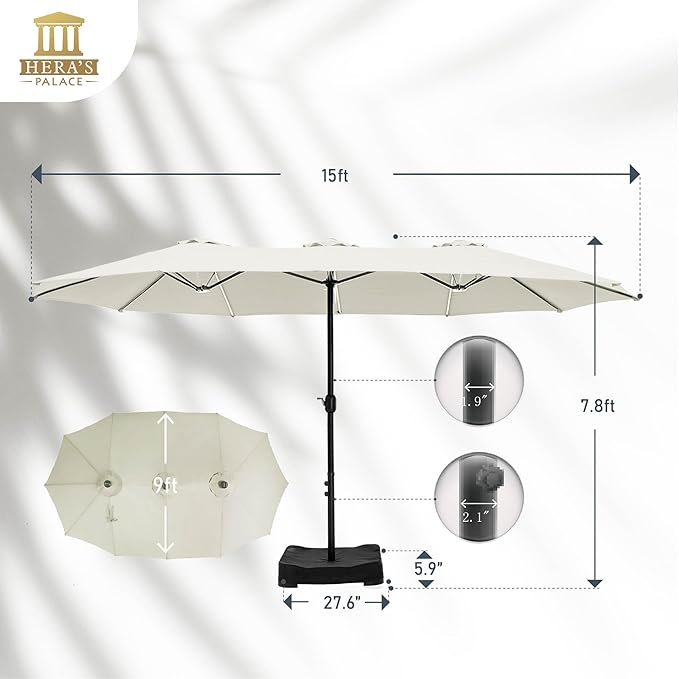 HERA'S PALACE Umbrella Patio Outdoor with Base 15ft Rectangle Table Double Market Umbrellas Clearance Large Included Stand for Deck Outside Pool Picnic Inground Yard Commercial (Ivory)
