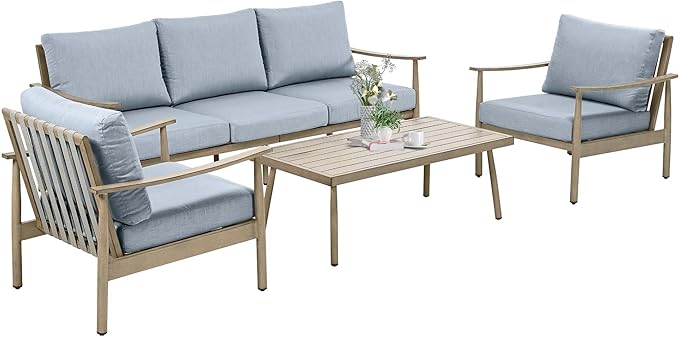 HAPPATIO Patio Outdoor Furniture Set - 4 Piece Aluminum Patio Conversation Set with 1 Coffee Table, 2 Armchairs and 1 Three-Seater Sofa, Aluminum Outdoor Furniture Set for Backyard Poolside(Brown)