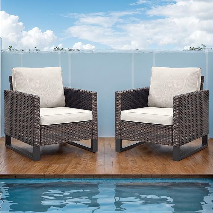 Rilyson Wicker Outdoor Patio Chairs Set of 2-2 Piece Rattan Chairs with Waterproof Wicker,Comfortable Cushions and Sturdy Metal Frame for Outside Porch Deck Backyard(Brown/Beige)