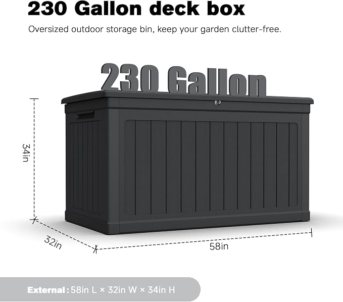 230 Gallon Large Outdoor Storage XXL Deck Box for Patio Furniture, Outdoor Cushions, Garden Tools and Sports/Pools Equipment, Waterproof Resin, Lockable, Black (230, Gallons)