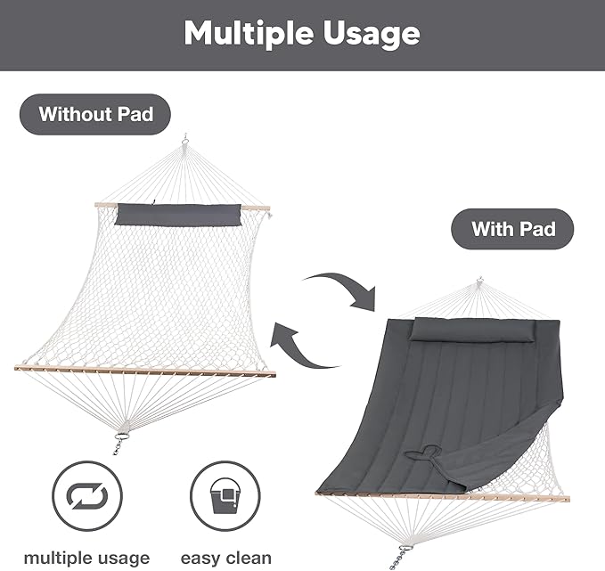 SUNCREAT Hammocks 2 Person Hammock with Hardwood Spreader Bar, Double Rope Hammock with Polyester Pad, Dark Gray