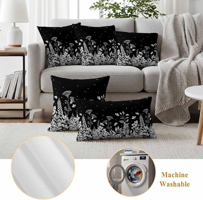 Outdoor Pillow Covers Waterproof, Vintage Floral Decorative Square Throw Pillowcases Patio Cushion Covers for Tent/Garden, 20" x 20" 2 Pack, Spring Wildflowers Country Botanical Black