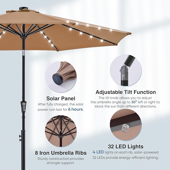 DUMOS LED Outdoor Patio Umbrella 10 FT UV-Resistant Market Umbrella with Tilt Adjustment & Crank Lift, All-Weather Shade for Backyard, Deck, Garden, Beach