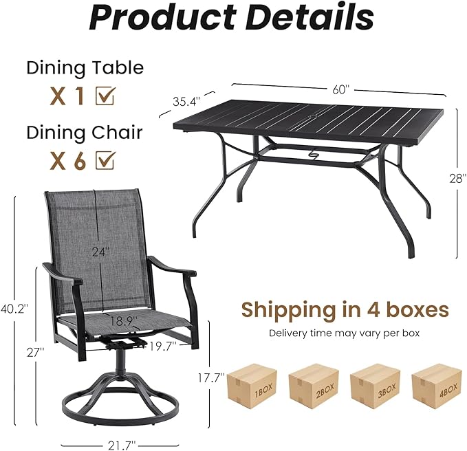 Soohow Outdoor Dining Set for 6, 7-Piece Patio Table and Chairs Set, 6 x Swivel Patio Dining Chairs with Textilene Fabric and 60"x35" Outdoor Table with 1.57" Umbrella Hole for Backyard, Poolside