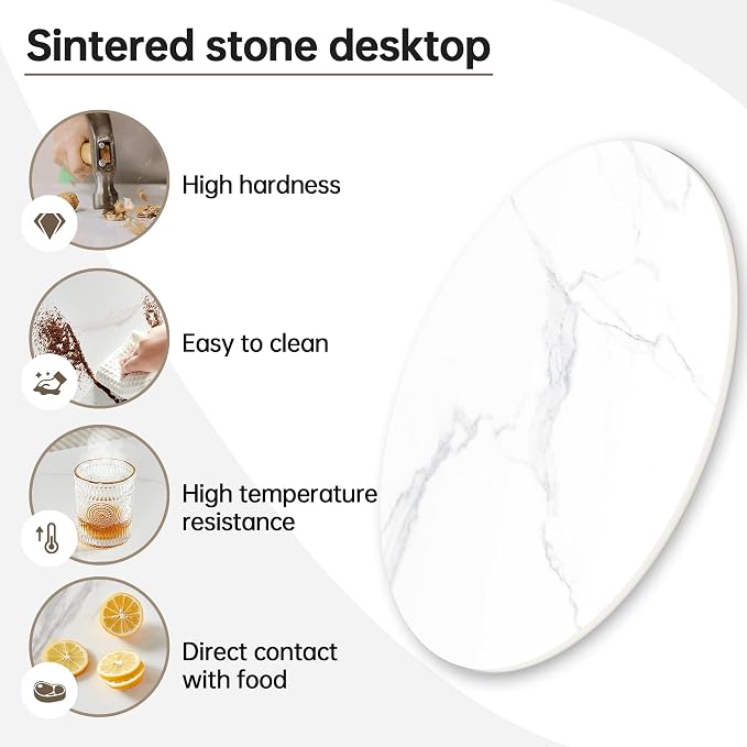 Round Table Top, 23.6” White Sintered Stone Tabletop, DIY Replacement & Cover Marble Desktop, Scratch & Wear Resistant, Easy to Clean, Suitable for Indoor & Outdoor