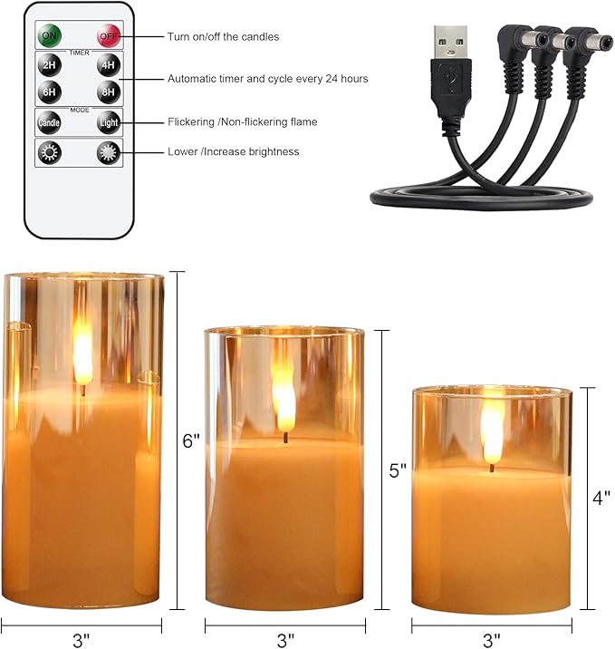 GenSwin Rechargeable LED Flameless Flickering Glass Candles with Remote Timer, Battery Operated Pillar Candles Long Lasting Gold Real Wax USB Candle (D 3”×H 4”5”6”)