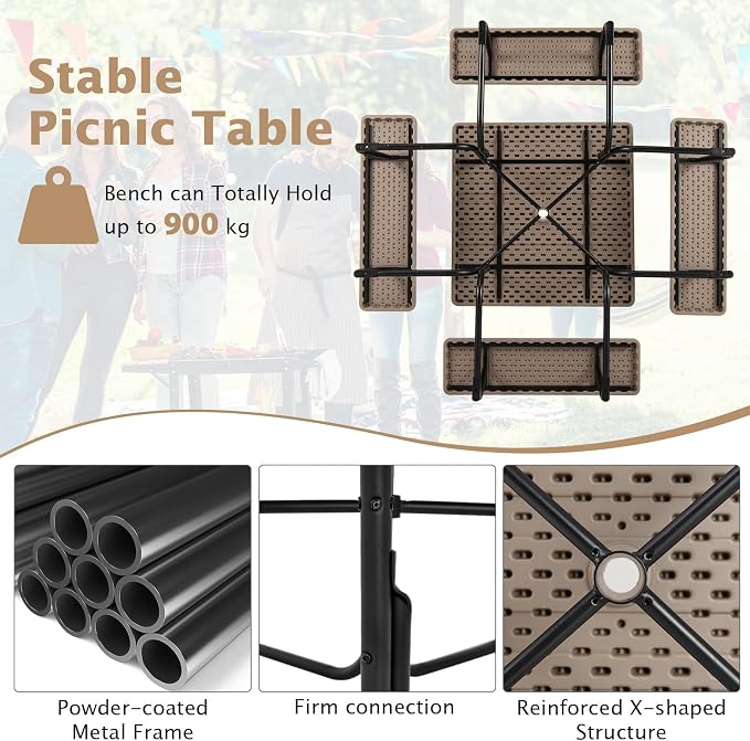 Giantex Picnic Table Bench Set for 8 Persons, Square Outdoor Table and Bench with Umbrella Hole, HDPE Top & Metal Frame, 2000LBS Capacity, Patio Table Set for Deck Yard Garden, Coral Reef