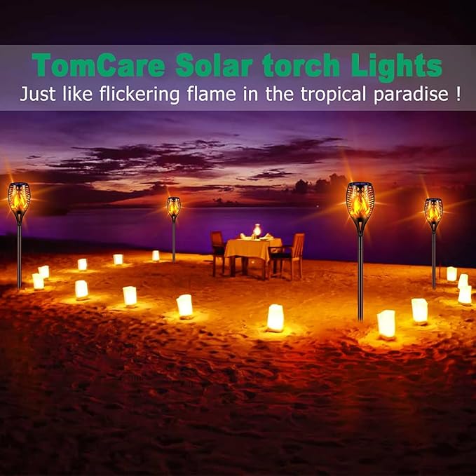 TomCare Solar Lights, 43" Waterproof Flickering Flames 96 LED Torches Outdoor Landscape Decoration Lighting Auto On/Off Pathway Lights for Garden Patio Yard, Black(6)