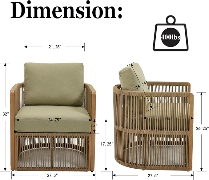 Patio Lounge Chairs Set of 2, Rope Patio Furniture Set with Cushions, Outdoor Aluminum Conversation Set, Outdoor Chair Set for Porch, Garden, Deck, Balcony, Green