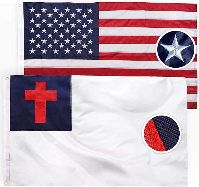 XIFAN Combo Pack: American Flag & Christian Flag 3x5 Outdoor, Heavy Duty 210D Nylon US & Jesus Flag, Strongest Longest Lasting with Embroidered Stars/Sewn Stripes/Brass Grommets