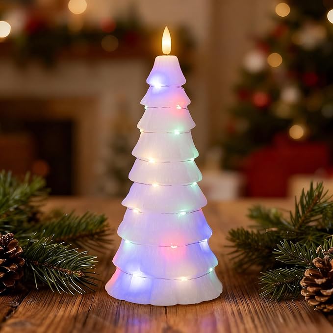 Christmas Tree Candles with Remote, Christmas Flameless Candles with Embedded Star String Fairy Lights, Real Wax Battery Operated Candles, Xmas Flameless Candles for Mantel Decor