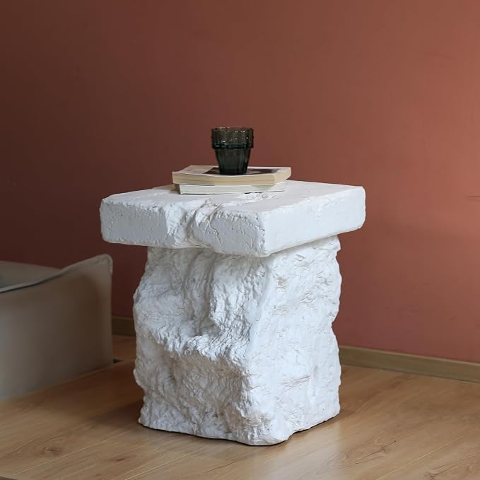 Christopher Knight Home Nataly 18.75" H Small Outdoor Side Table, Carved Garden Stool with Stone Block Shape, Lightweight Concrete End Table, Patio Decorative Home Stool for Balcony Backyard, White