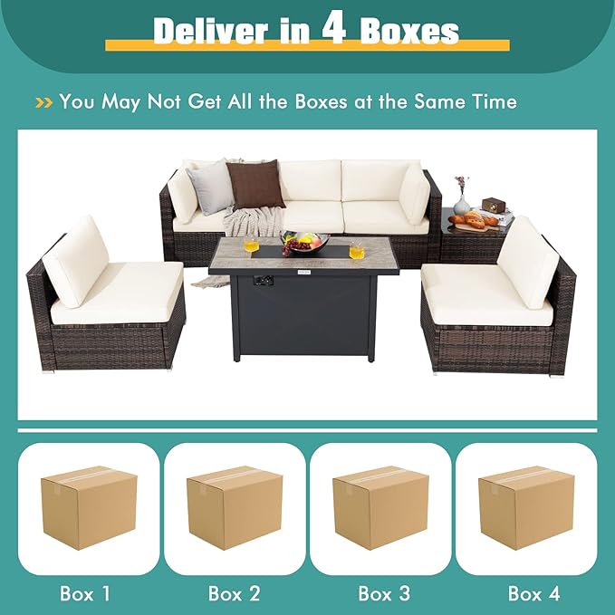 Tangkula 7 Piece Patio Furniture Set with Fire Pit Table, Includes 42 Inches 60,000 BTU Propane Rectangle Fire Pit and Protective Cover, Outdoor Cushioned Sectional Sofa Set for 5 (Off White)