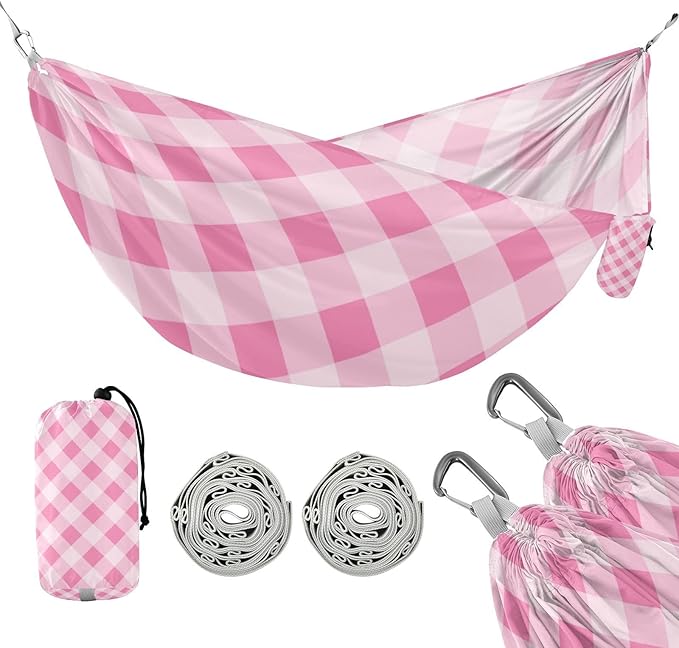 Pink and White Grid 330lb Capacity Hammocks for Camping with Tree Straps Backyard Hammock for Outside Patio Backyard Poolside hamaca inflable para Piscina